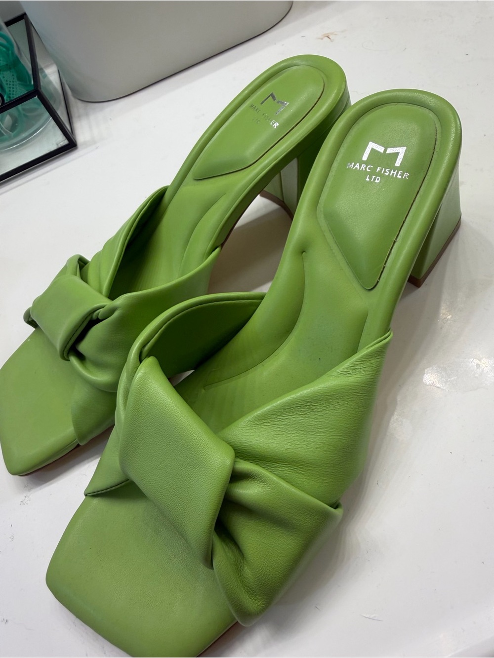 Marc Fisher Bright Green Knot Front Block Heel Mules